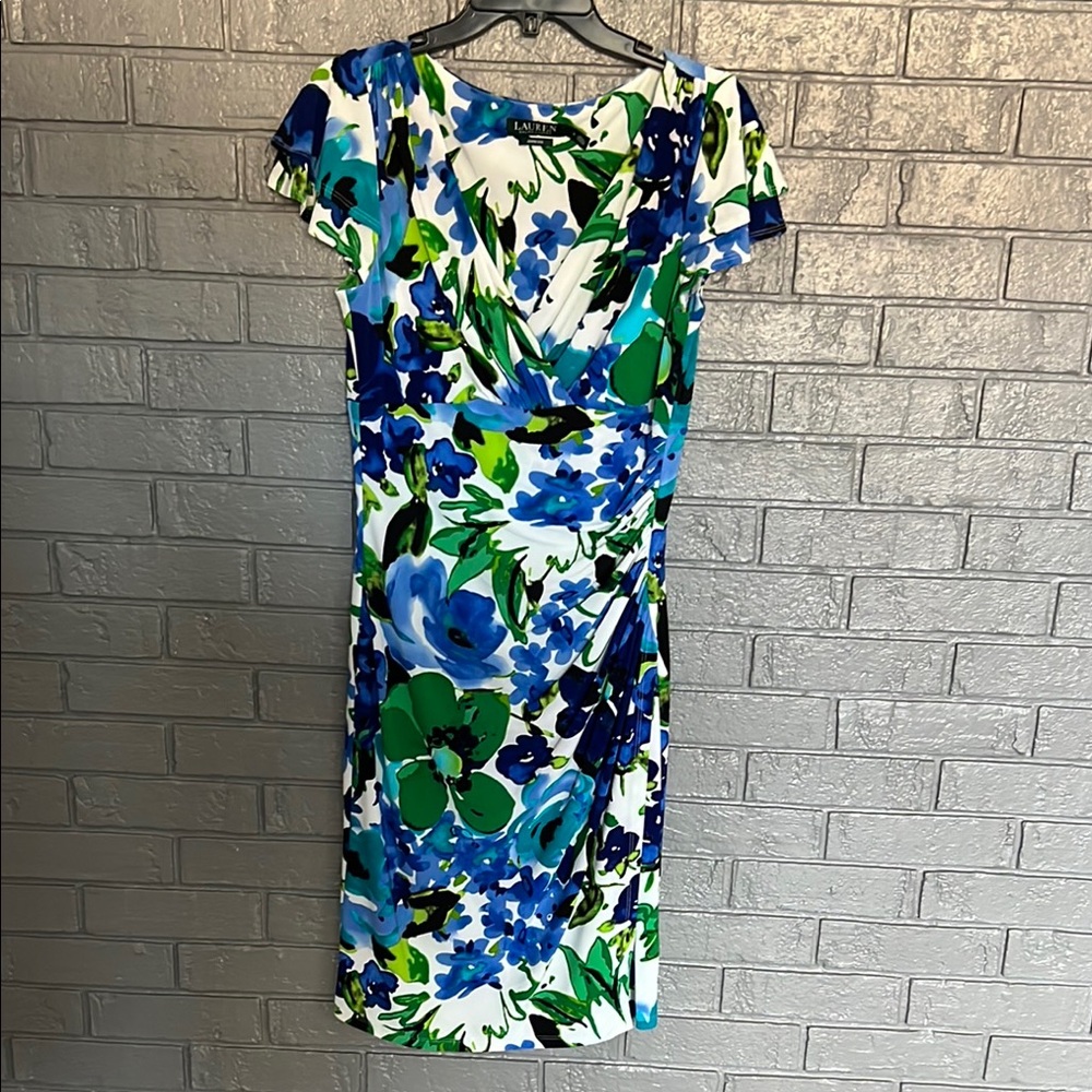 Lauren Ralph Lauren Blue and Green Sheath Midi Dress with Flutter Sleeves